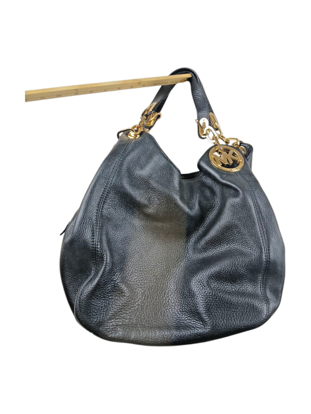 Michael Kors Pebbled Leather Handbag Black Gold MK Accents Organized Very NICE